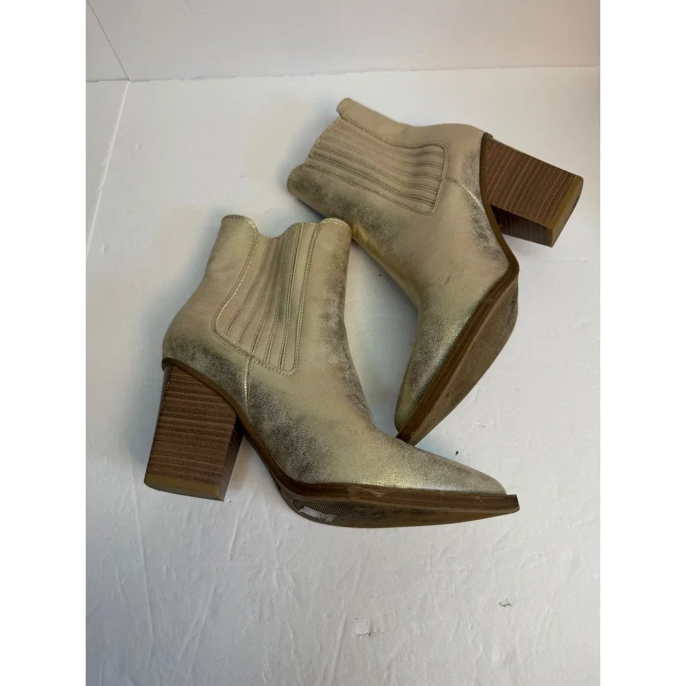 MIA Metallic Gold Pointed Toe Western Block Heel Ankle Boots Womens 8